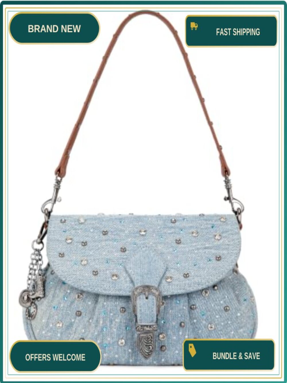 Rhinestone Denim Crossbody Shoulder Bag Western Buckle Charm Small Purse